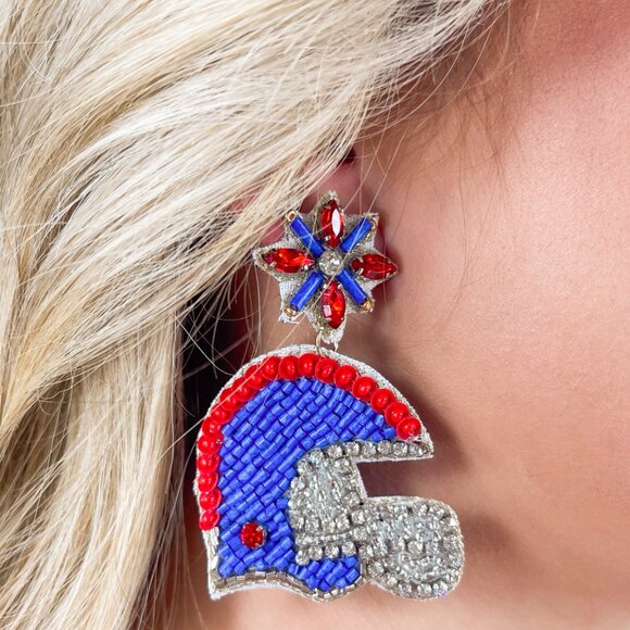 Ole Miss SMU Rhinestone & Seed Beaded Football Helmet Earrings NEW - Picture 3 of 3